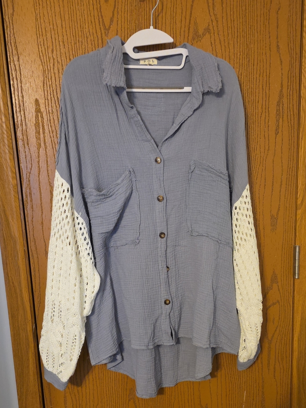 Relaxed Button-Front Tunic Top in Dusty Blue with Cream Crochet Sleeves Ptp 25,